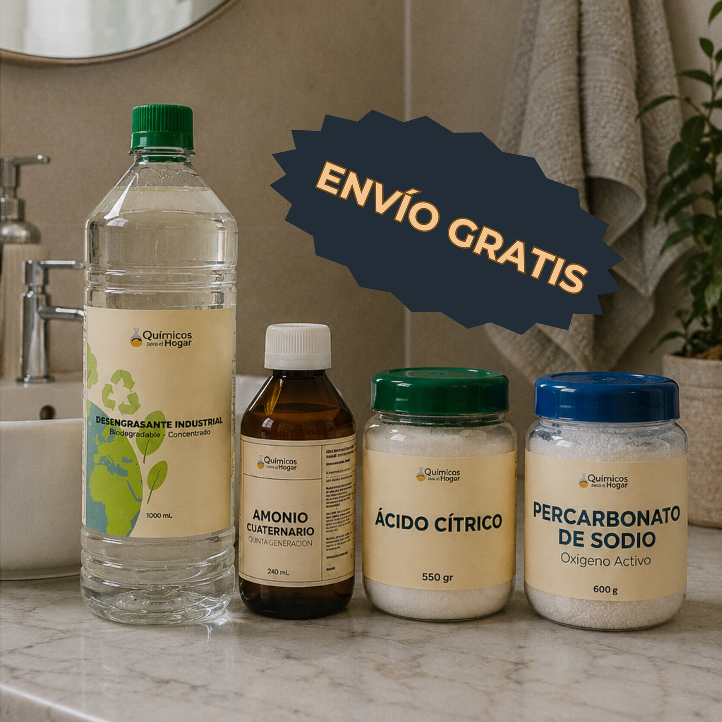 Kit Limpieza Baño: Percarbonato + Amonio + Ácido Cítrico + Desengrasante GRATIS
